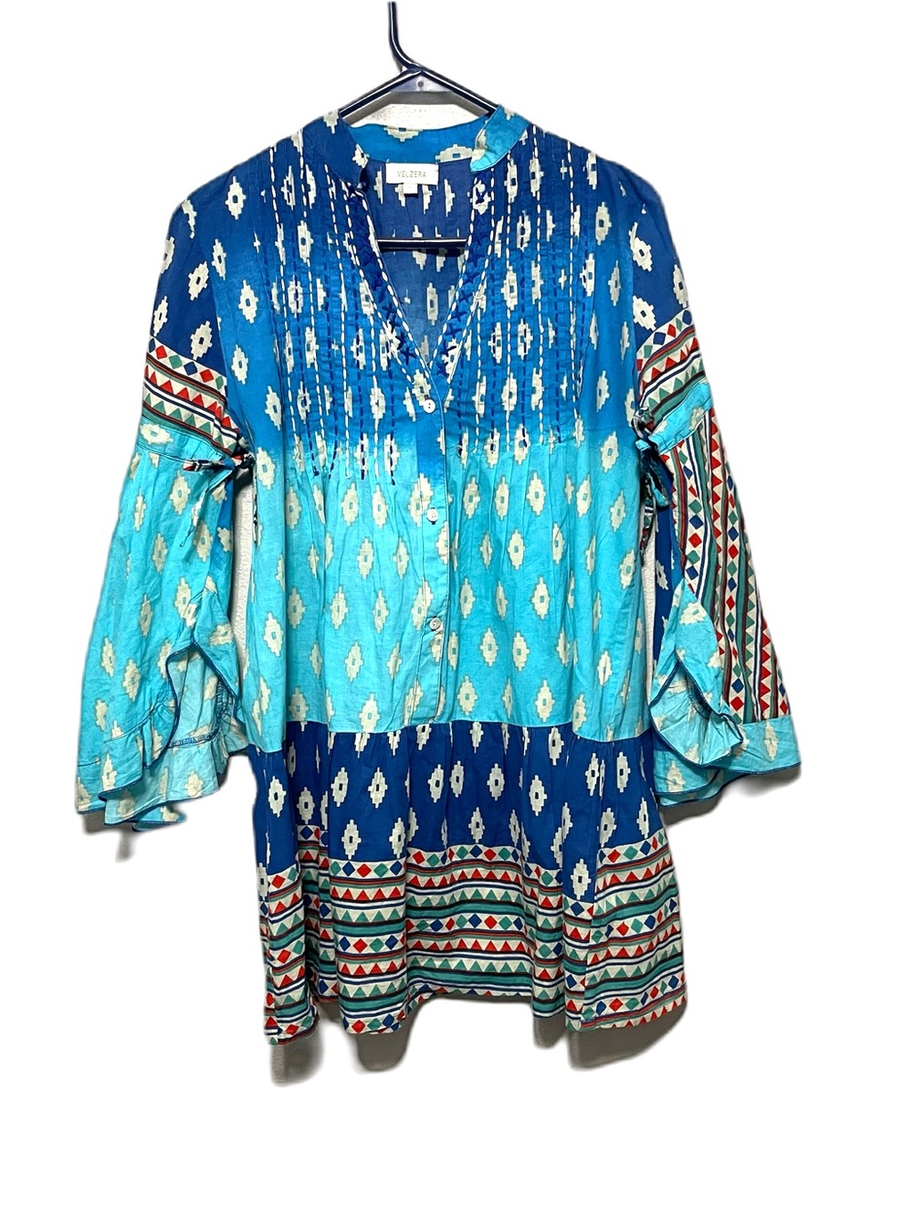 Velzera Bell Sleeve Boho Tunic Top Patterned Blue Summer Womens Small